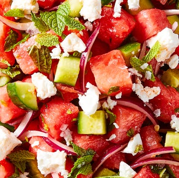 Watermelon Feta Salad watermelon cubes, feta, red onion, and mint in a bowl