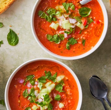 Watermelon Gazpacho watermelon gazpacho topped with cucumber and red onion