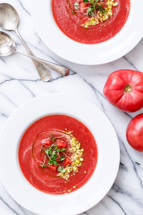 Tomato Watermelon Gazpacho with Pistachios and Basil Oil 