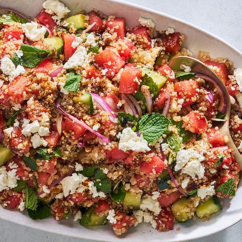 watermelon quinoa salad garnished with feta and mint