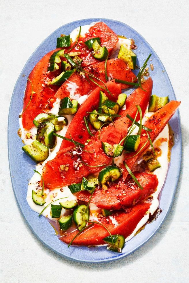 watermelon salad with feta and cucumber on a blue plate