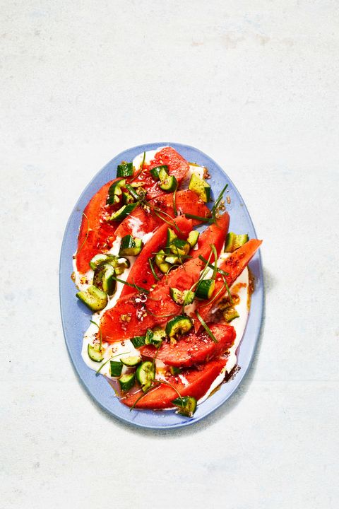 watermelon salad with feta on a blue plate