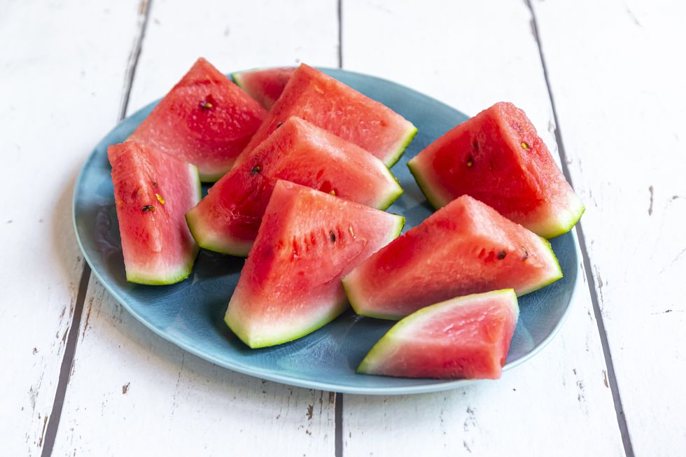 watermelon slices on blue plate
