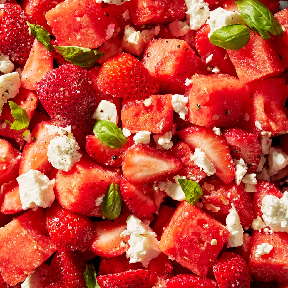watermelon strawberry caprese with feta and mint