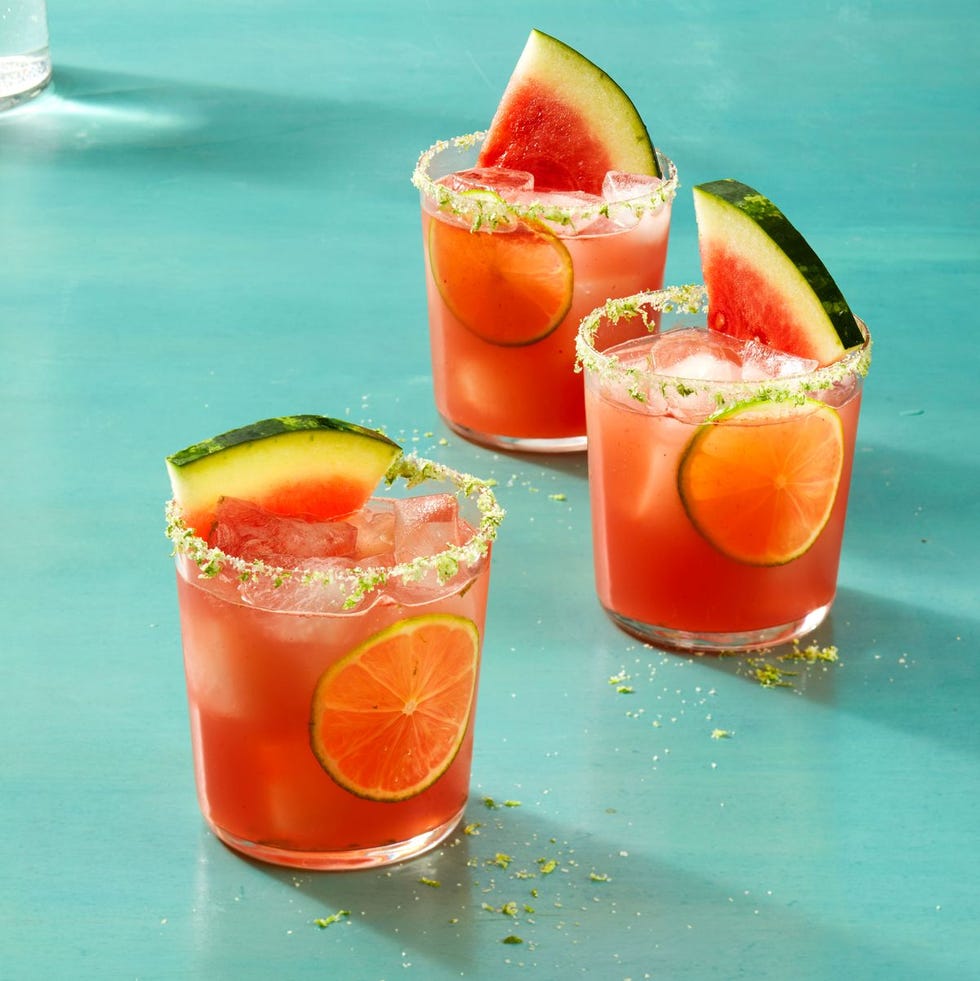 watermelon margaritas with a slice of watermelon as garnish