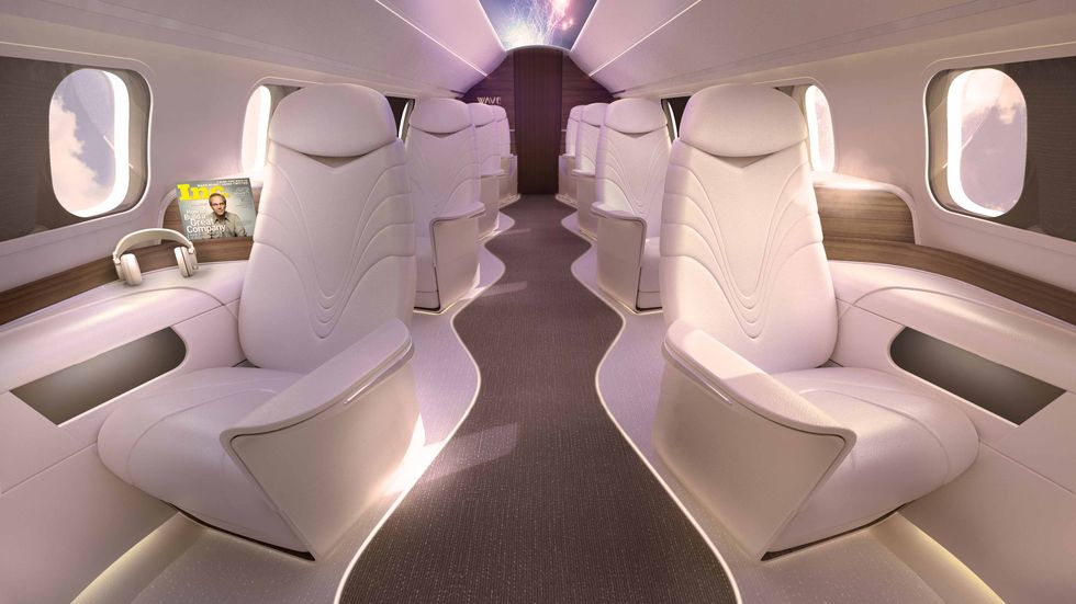 Airline, Airplane, Vehicle, Business jet, Aircraft, Aircraft cabin, Air travel, Head restraint, Interior design, Airliner, 