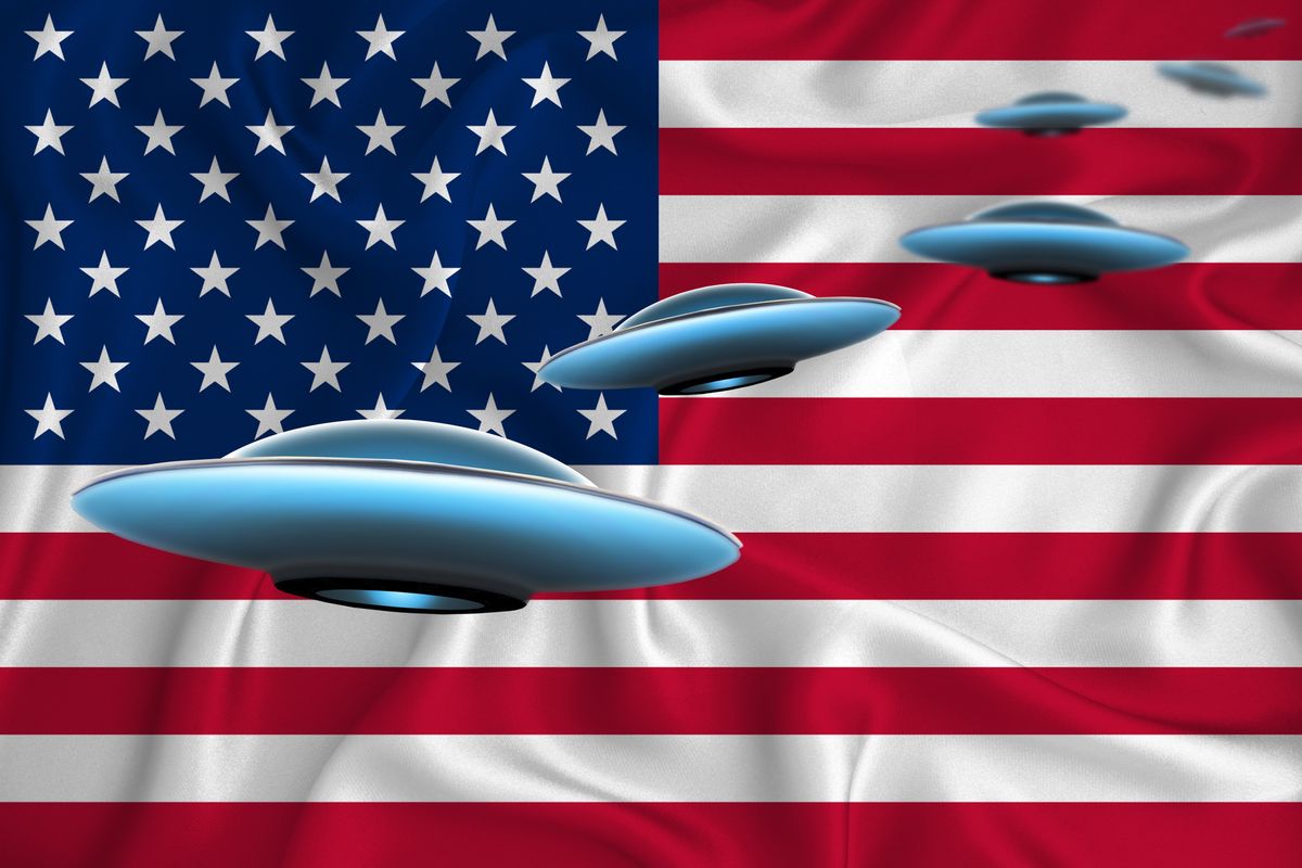 waving flag of usa ufo group on the background of the flag ufo news concept in the country 3d rendering