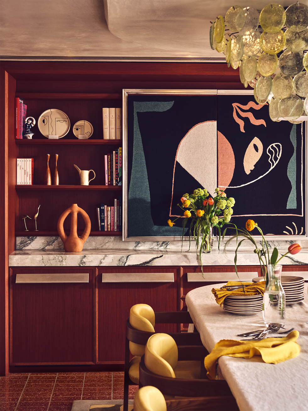 burgundy kitchen with yellow and orange
