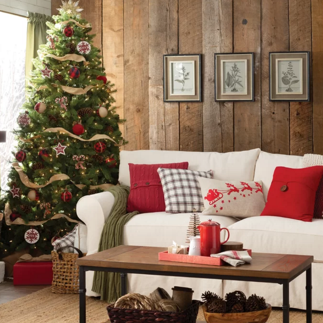 Christmas tree, Christmas decoration, Living room, Room, Furniture, Interior design, Home, Tree, Wall, Couch, 