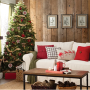 Christmas tree, Christmas decoration, Living room, Room, Furniture, Interior design, Home, Tree, Wall, Couch, 