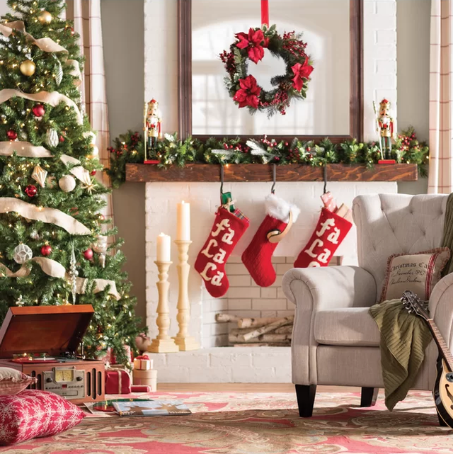 Christmas decoration, Christmas stocking, Room, Furniture, Living room, Christmas tree, Christmas, Interior design, Home, Christmas ornament, 
