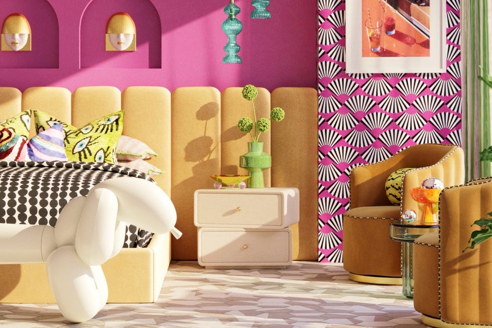 vibrant modern bedroom and lounge area with unique furnishings