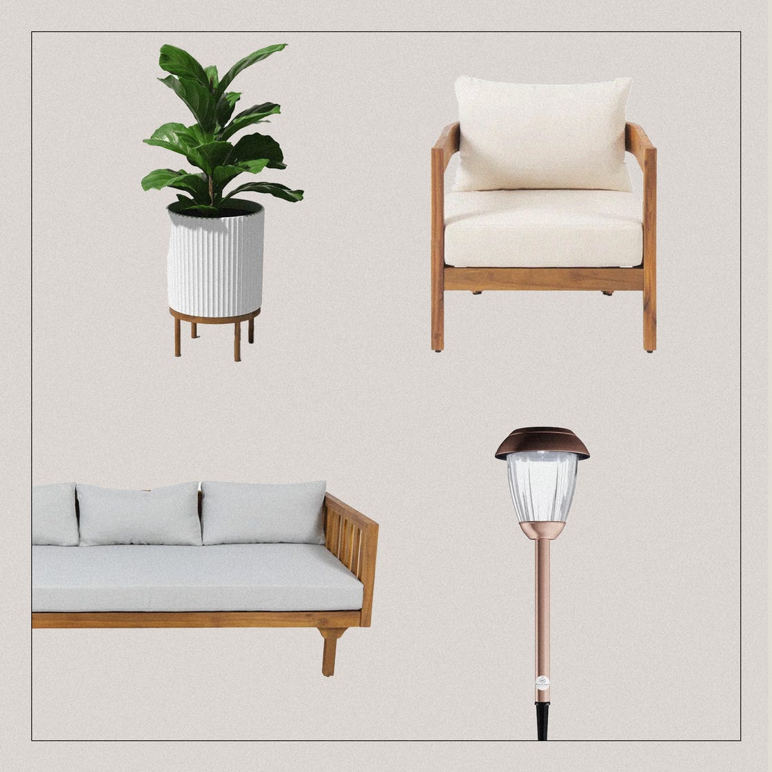 outdoor furniture arrangement featuring a plant a chair a sofa and a solar lamp