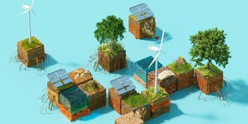 digital generated image of wing turbines and trees on cubic slices of hill with ground and underground water making multi layered effect standing on light blue background