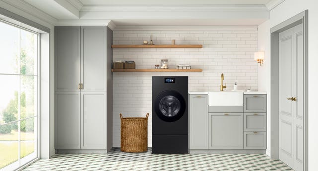 a sleek washer dryer unit in a modern laundry room