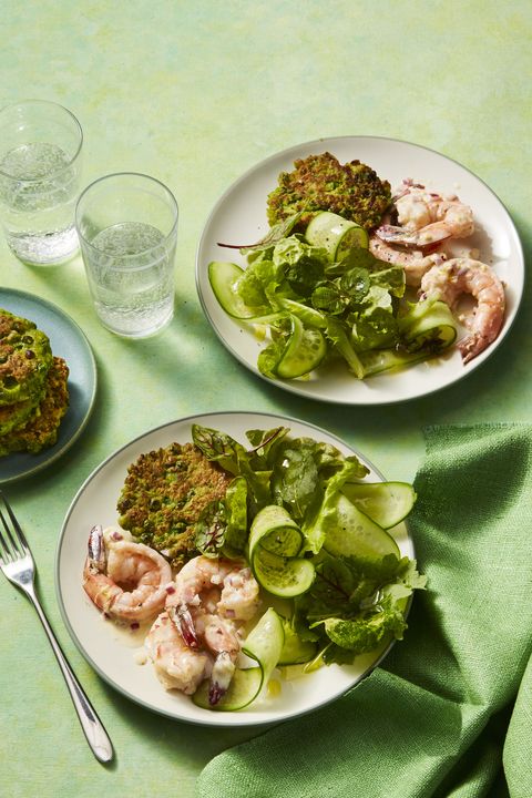 pea fritters with shrimp salad