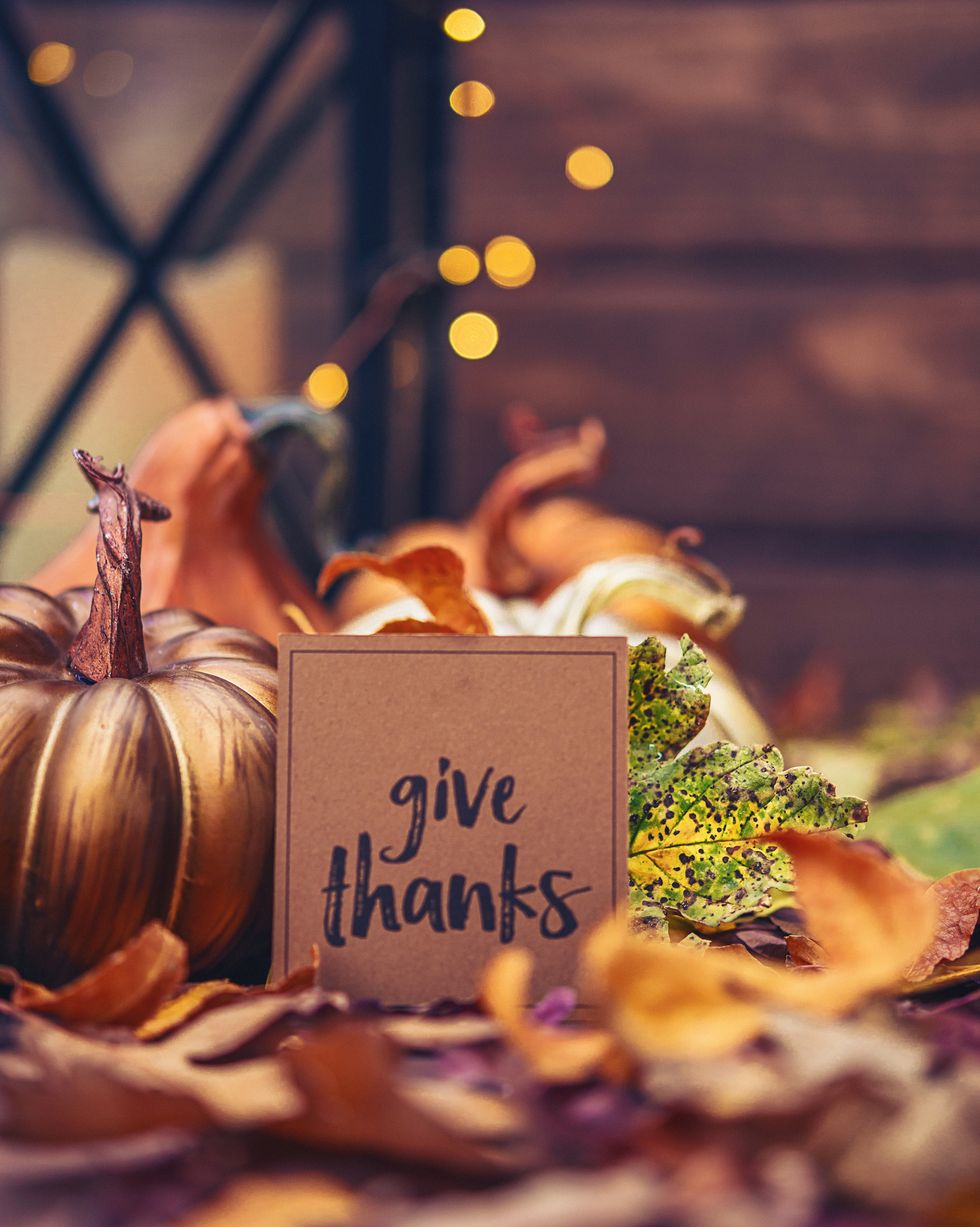 Give Thanks Sign on a table with leaves and pumpkins