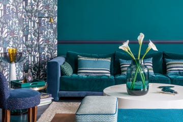 Living room with teal wall, sofa, daybed and accessories