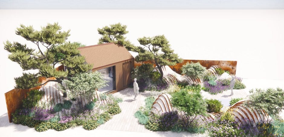 an artistic landscape design featuring a small building surrounded by greenery and curved elements