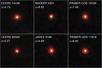 grid of astronomical objects identified by names and redshift values