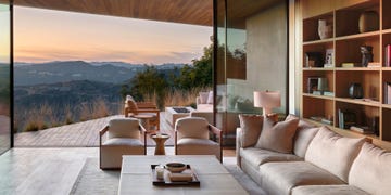 beverley hills home living room with sunset view