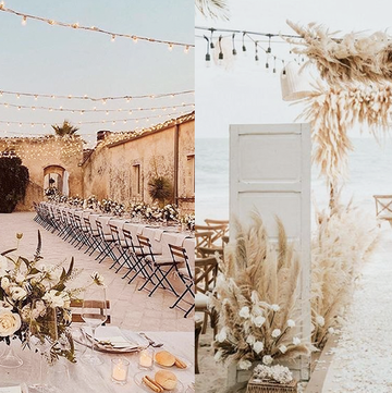 wedding decoration ideas according to your zodiac sign, including classic outdoor reception space with fairy lights and a boho beach wedding with flowers