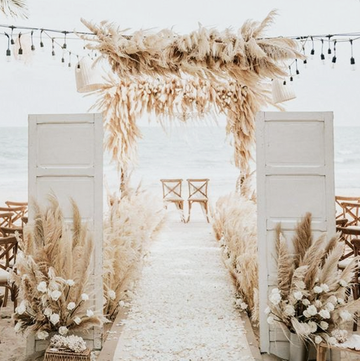 wedding decoration ideas according to your zodiac sign, including classic outdoor reception space with fairy lights and a boho beach wedding with flowers