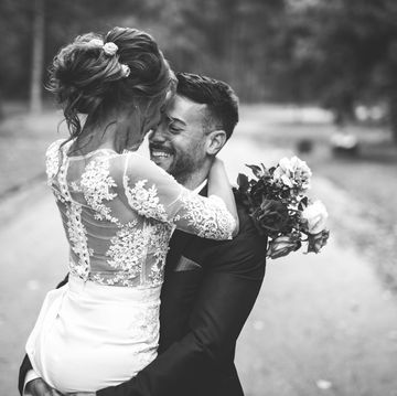 happy bride and groom in black and white that you might caption you're my person, forever for wedding instagram