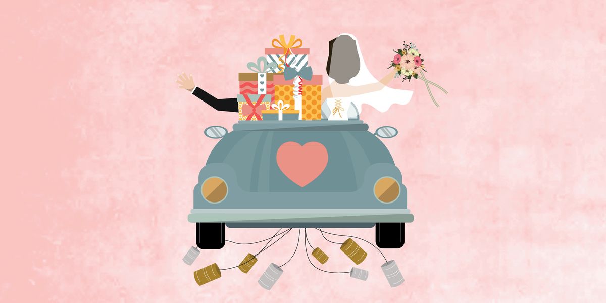 illustration of wedding couple with gifts on the back of their car and pink background