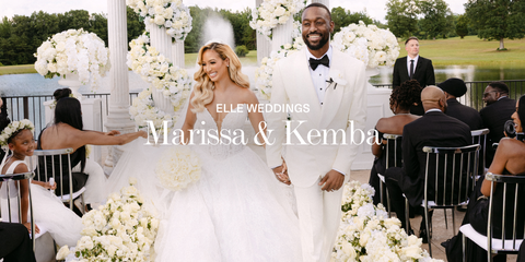 a bride and groom walk down the aisle, there is text on the image