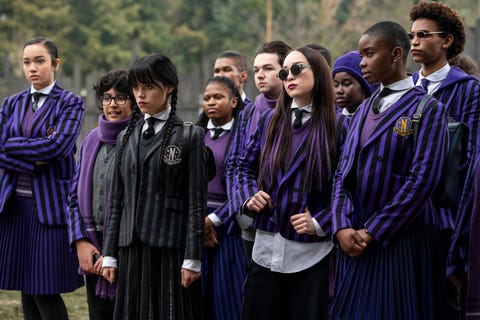 wednesday l to r moosa mostafa as eugene otinger, jenna ortega as wednesday addams, naomi j ogawa as yoko tanaka, joy sunday as bianca barclay in episode 103 of wednesday cr  © 2022