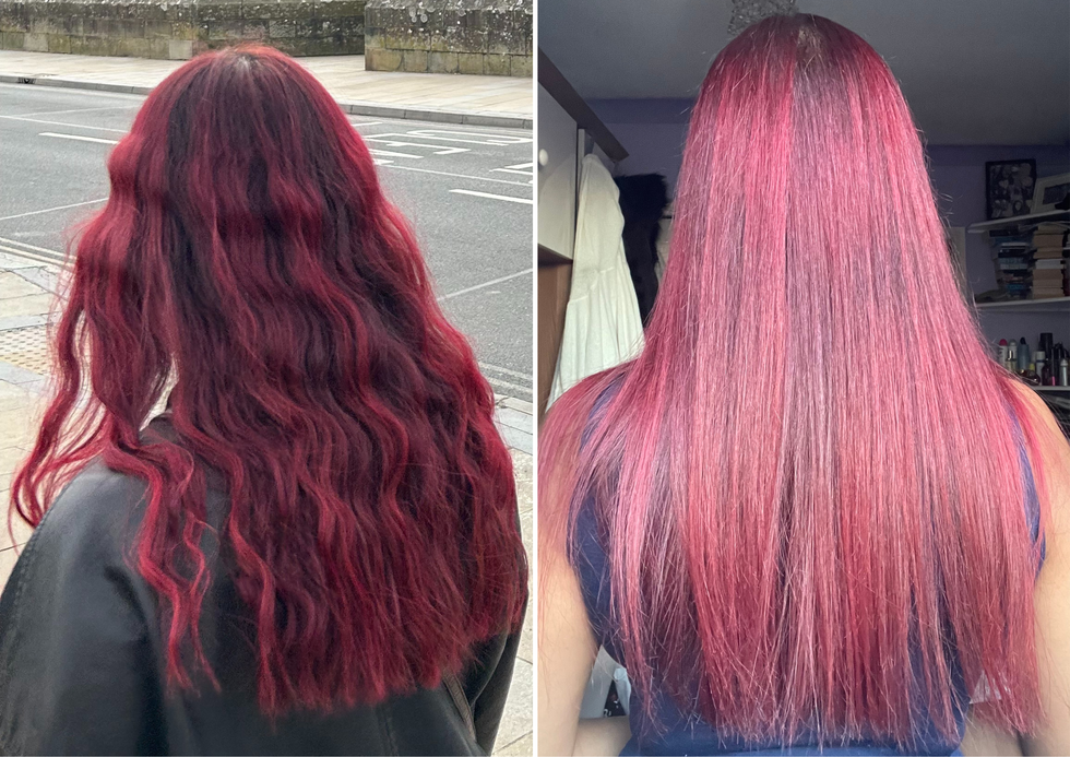 urmi's hair freshly dyed, vs after six weeks of using the l'oréal vitamino color spectrum range