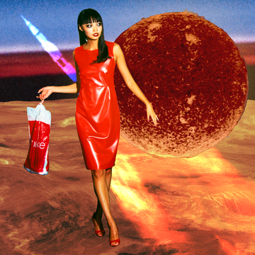collage of woman with bag and planet collage of woman with bag and planet