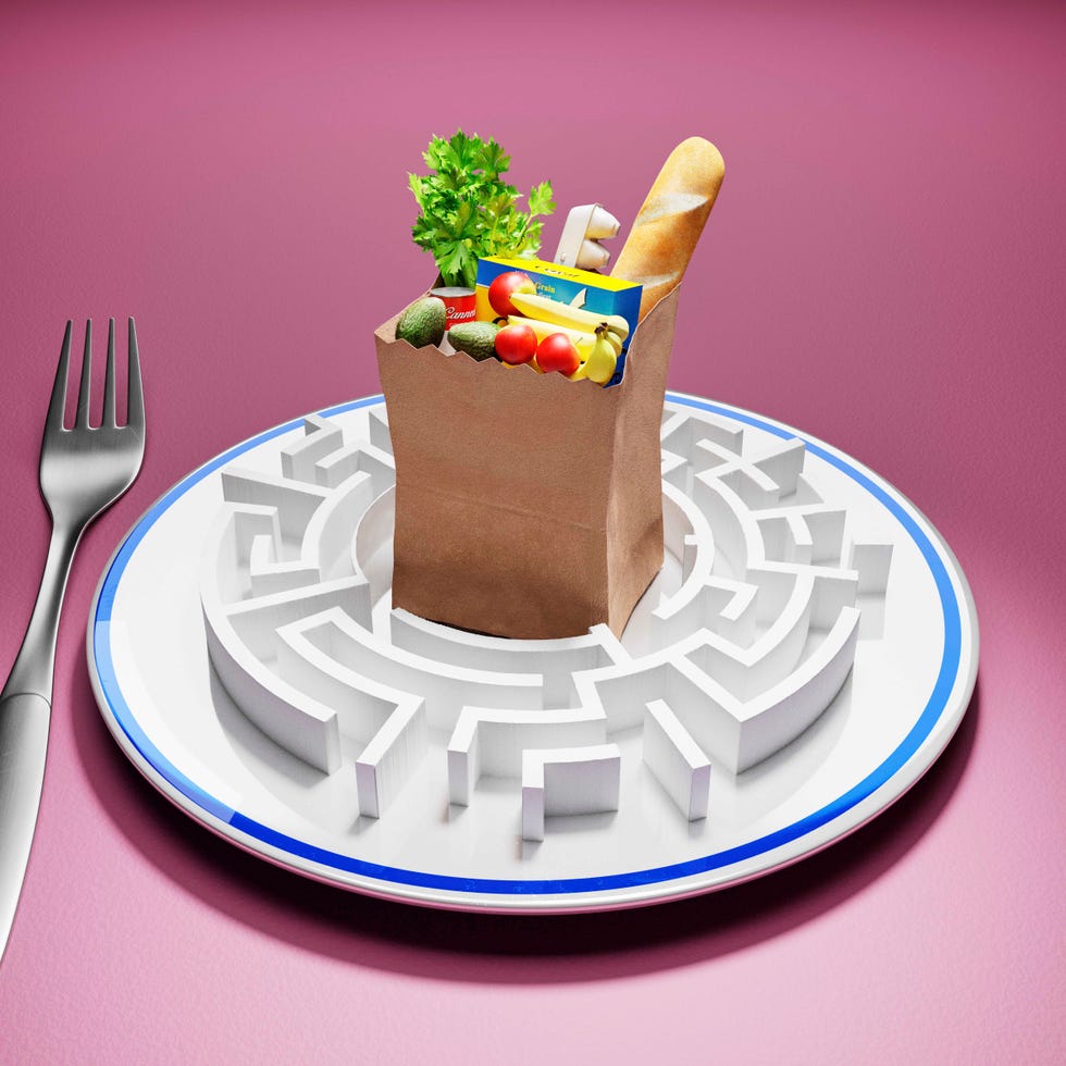 Grocery bag on a plate with a maze for weight loss, healthy eating and healthy living