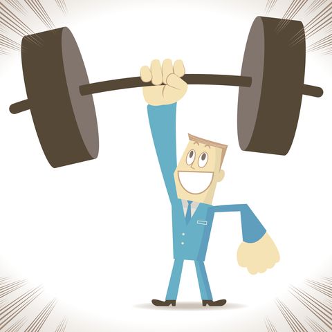 Weightlifting, strong businessman (elite) lifting heavy weight by one hand