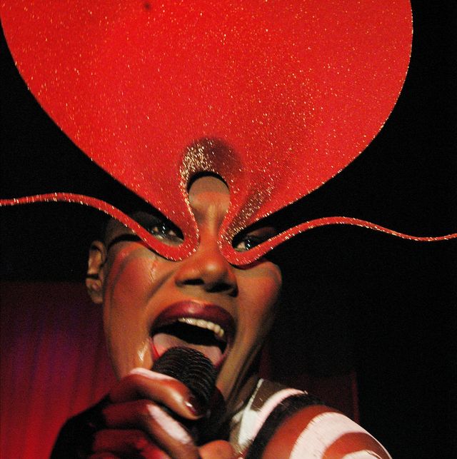 a well decorated grace jones performs at a party at the roxy
