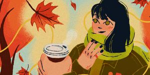 illustration of woman smelling coffee in fall setting