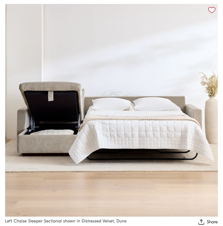 a beige west elm harmony sleeper sofa with the mattress set up and the storage chaise open, good housekeeping's best sleeper sofas