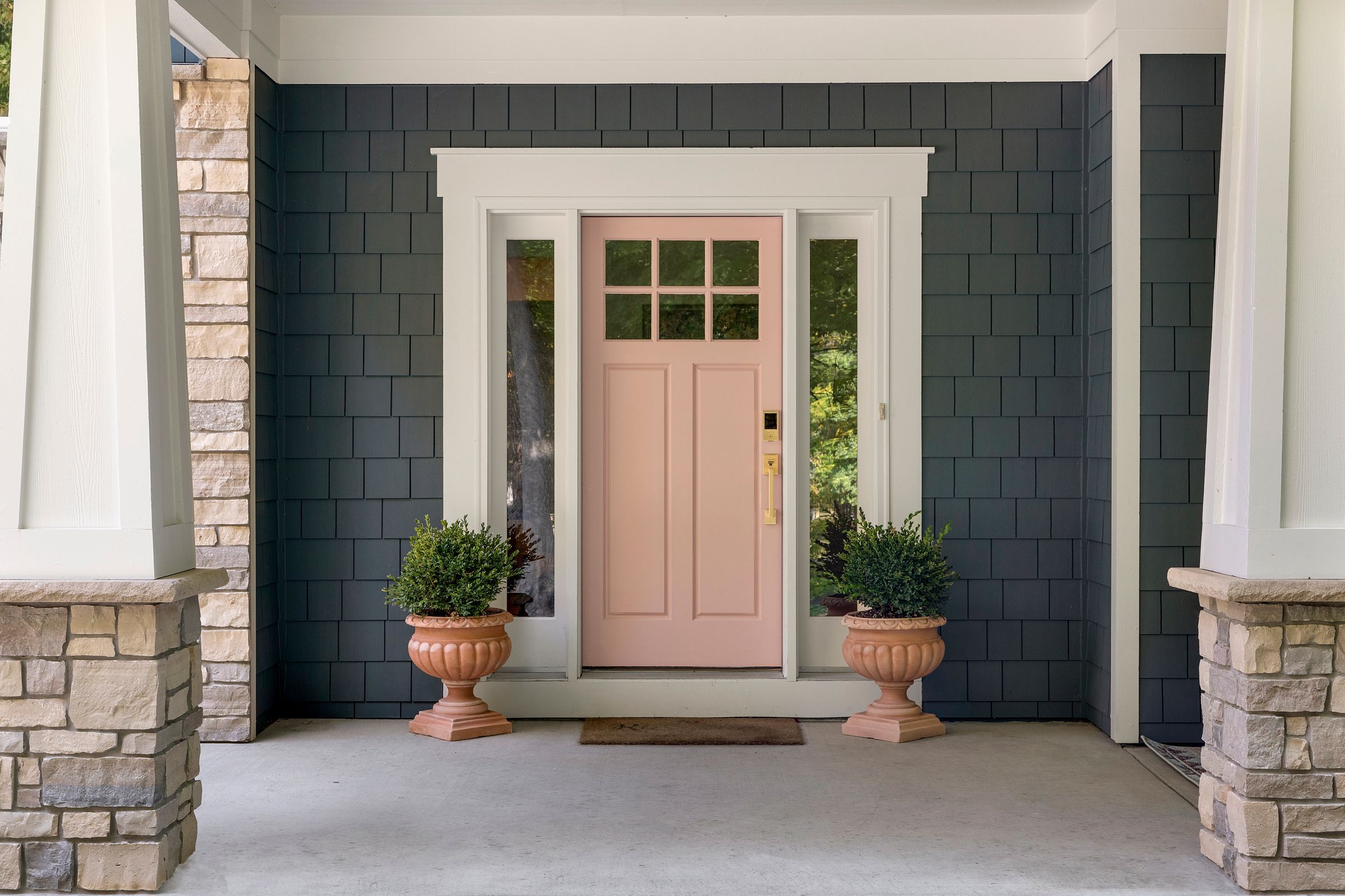 Green Front Door with Painted Striped Stairs - Blushing Bungalow