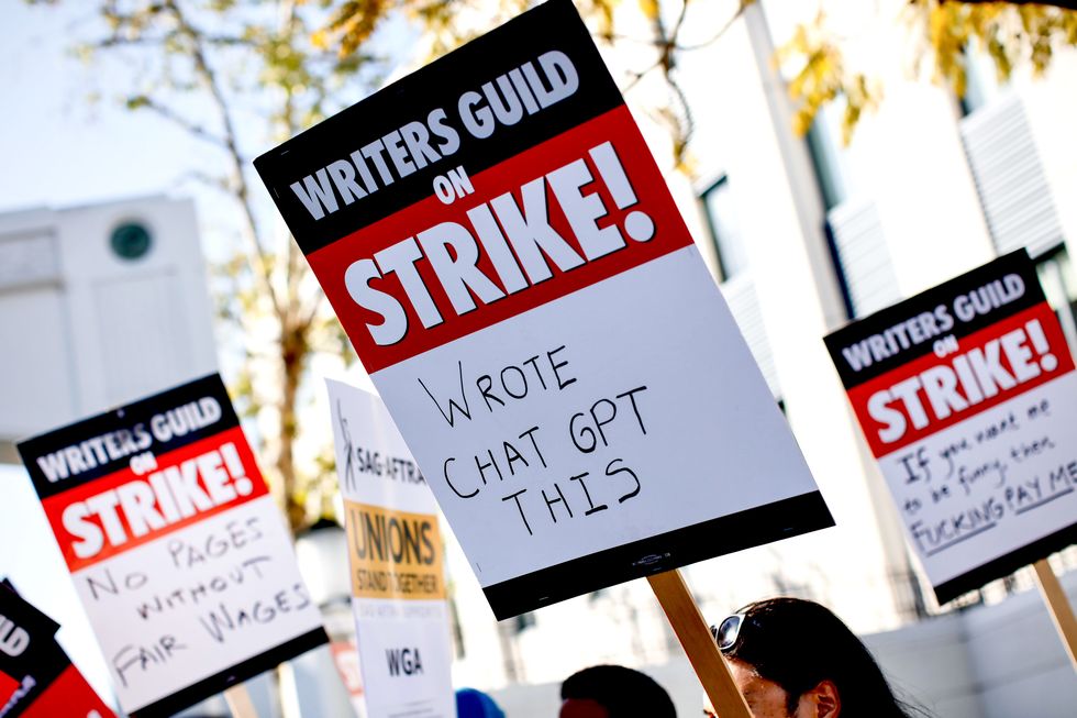 culver city, ca may 02 writers guild of america members walk the picket line on the first day of their strike in front of sony pictures on tuesday, may 2, 2023, in culver city, ca jay l clendenin los angeles times via getty images