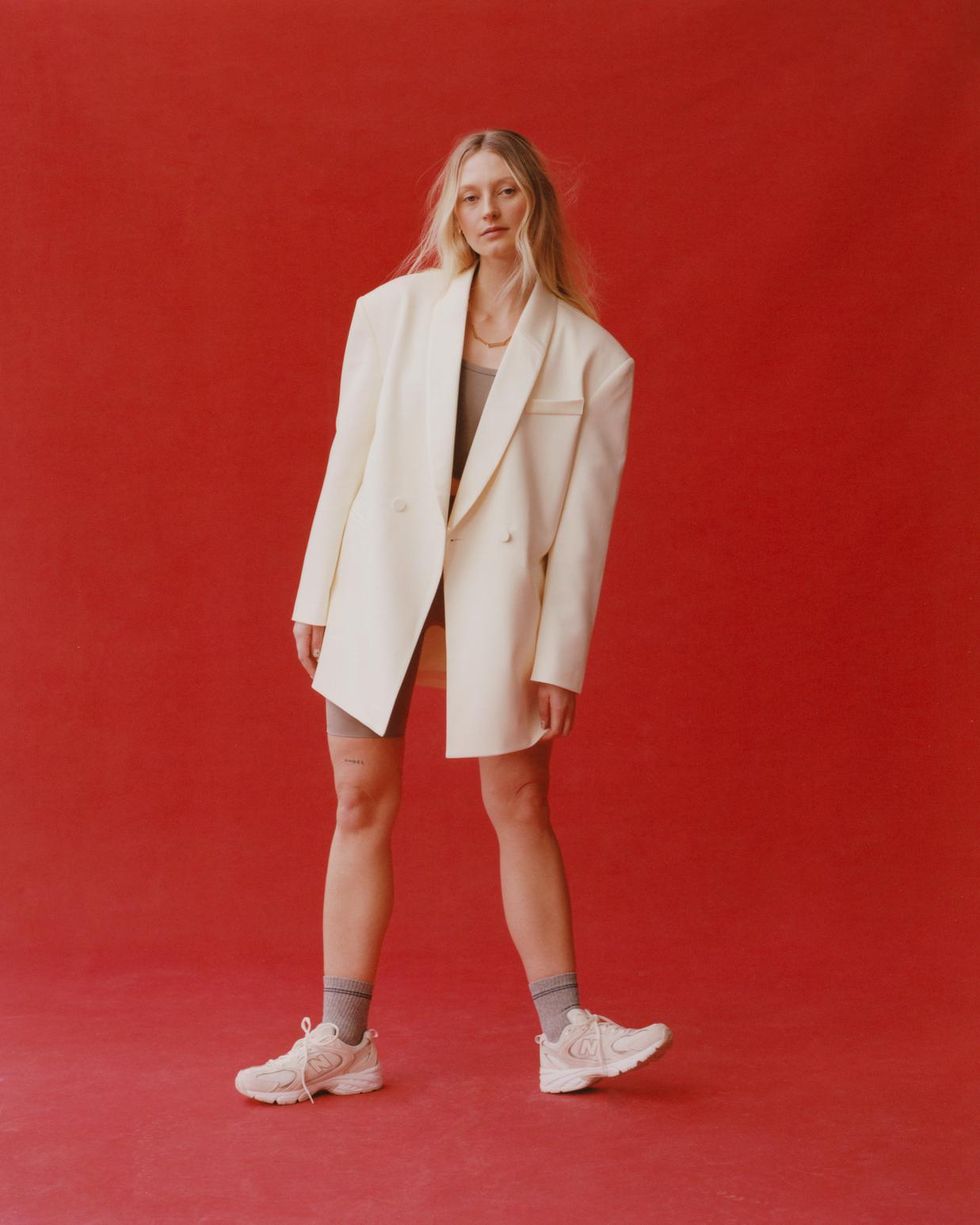 blazer, the frankie shop top and shorts, both pangaia oblong hoop earrings and hoop earrings, both pandora necklace, monica vinader socks, tore trainers, new balance