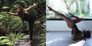 side by side images of halle berry practicing yoga