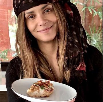 side by side photos of halle berry holding plate of chicken and a glass of wine