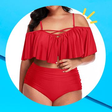 three amazon bathing suits one black one piece a red two piece with a high waist and one puff sleeve high waisted bikini with a belt