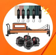 home gym equipment resistance bands, dumbbells, pilates
