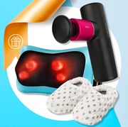 microwaveable slippers, massage gun, and head and neck massager