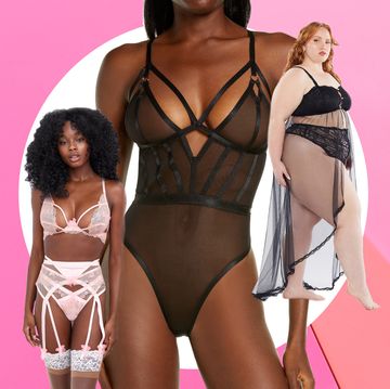 three people in lingerie, one wearing a floral garter belt and bra and panties set, another wearing a black mesh teddy and another wearing a long black maxi robe
