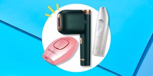 three athome laser hair removal devices, one pink one, a green and gold one, and a small, travelfriendly white one