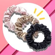 three scrunchies on a pink background