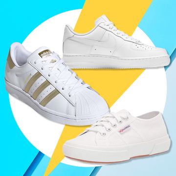 three pairs of white sneakers from nike addias and superga